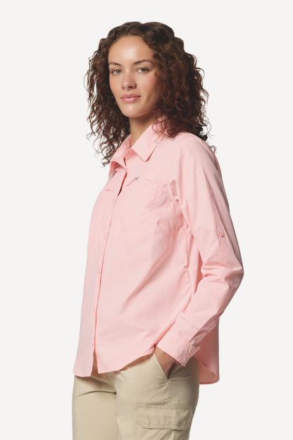 Chemise anti-UV rose pour femme, UPF 50+, idéale pour activités de plein air et protection solaire.