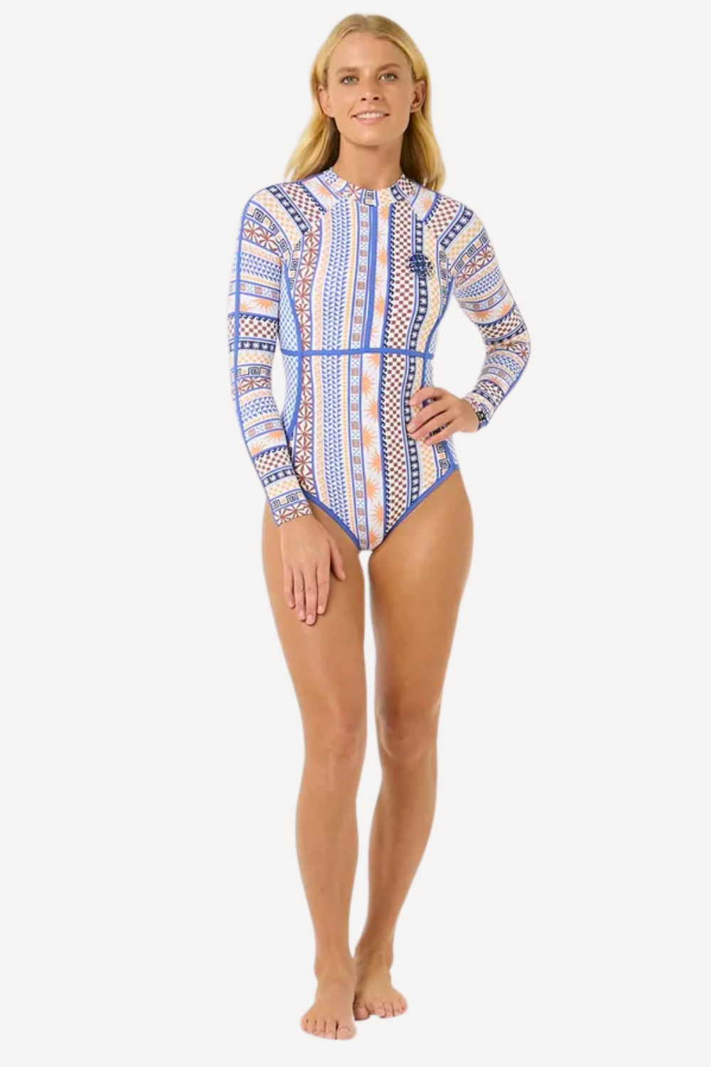 Maillot de bain une pièce anti-UV à manches longues pour femme, style coloré, UPF 50+, idéal pour la plage.