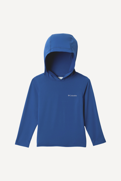 Sweat-shirt anti-UV bleu pour enfant, léger et respirant, avec capuche, UPF 50+, idéal pour les journées ensoleillées.